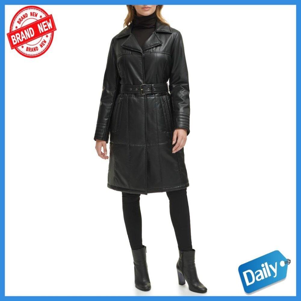 Faux Leather Trench Coat with Belt and Quilting Details